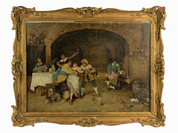 Pittore Italiano XIX Secolo - &quot;Interior of a tavern with the courtship of the knights&quot;. Signed.