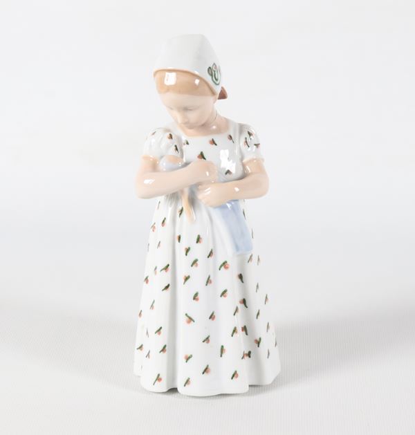 "Bambina con bambola", statuina in porcellana smaltata e policroma Copenhagen