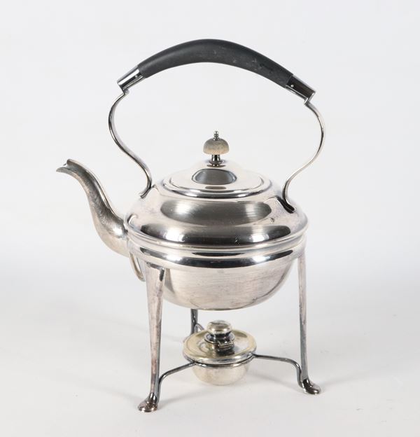 Teiera inglese in sheffield con spiritiera, manico ebanizzato