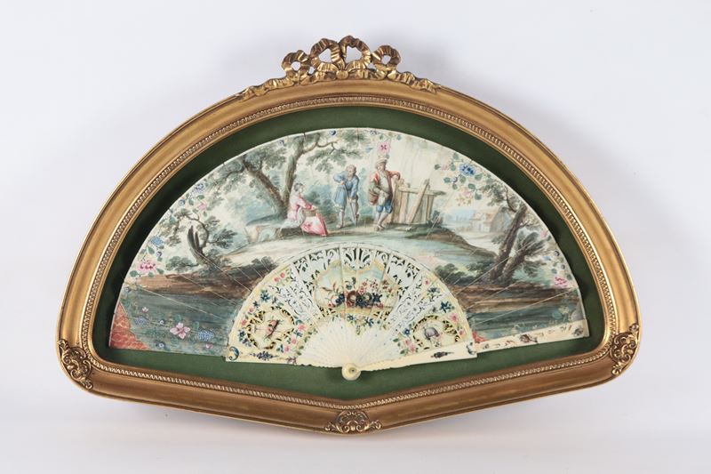 Antico ventaglio dipinto con scena contadina