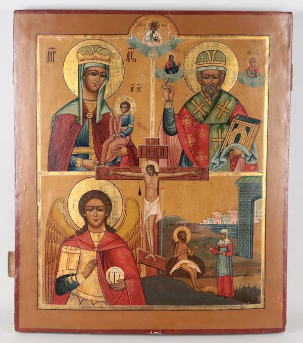 "Madre di Dio Colei che addolcisce i cuori duri, San Nicola il Taumaturgo, San Giovanni Battista Angelo del deserto, Maria Maddalena al Sepolcro e Crocifisso al centro", antica icona quadripartita dipinta su tavola