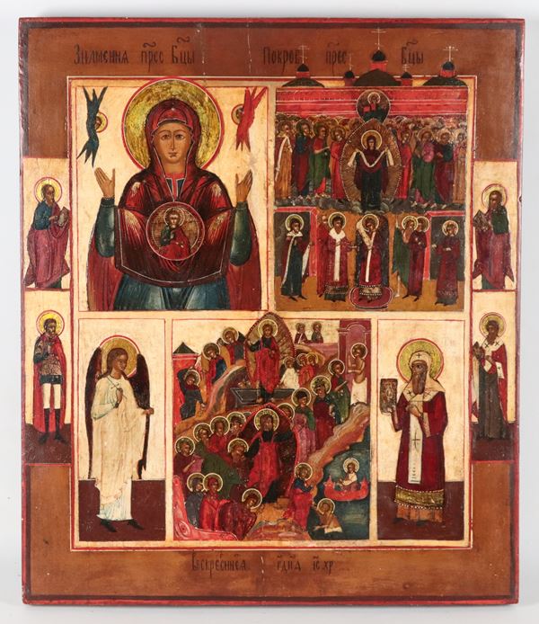 "Madre di Dio del segno, Protezione della Vergine e Discesa agli Inferi e Resurrezione con Angelo Custode, il Profeta Elia e Santi", antica icona dipinta su tavola