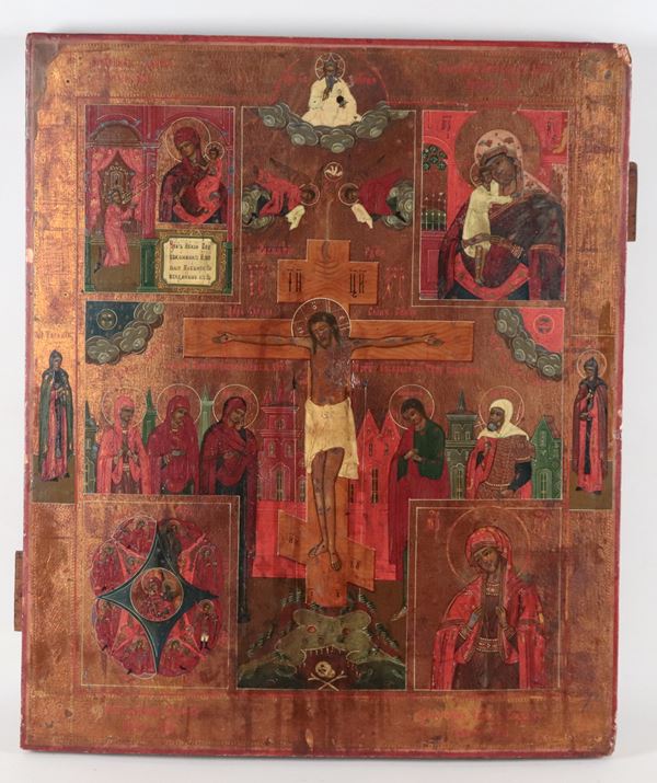 "Crocifissione, con ai quattro angoli Madre di Dio della grazia inaspettata, Madre di Dio riscatto delle anime perdute, Madre di Dio del Roveto Ardente e Madre di Dio Gioia di tutti gli afflitti", antica icona dipinta su tavola