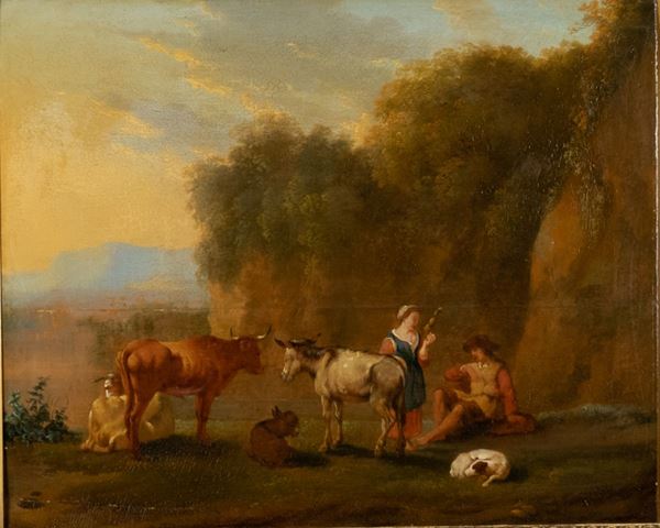 Karel Dujardin - &quot;The rest of the shepherds with herds&quot;. Follower of.