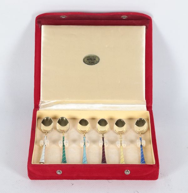 Set di sei cucchiaini in argento vermeil sterling 925, con manici rivestiti in smalti policromi, gr. 45
