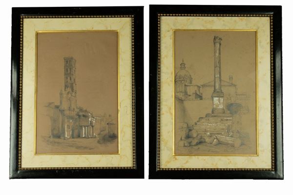Pittore Francese XIX Secolo - &quot;Trajan&#39;s Column and the Mouth of Truth&quot;. Signed and dated
