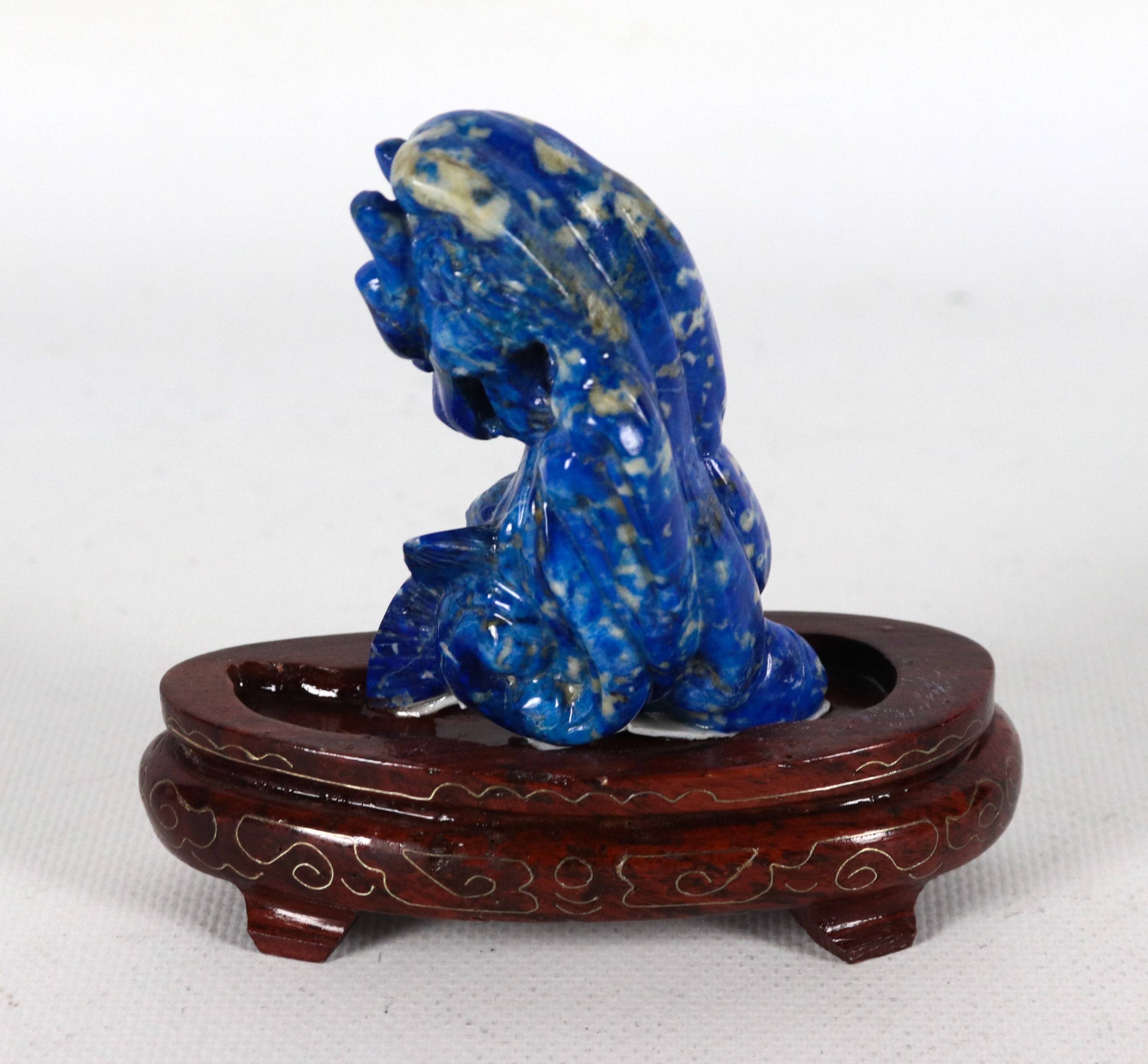 "Drago", piccola statuina cinese in lapislazzuli con basetta in teak