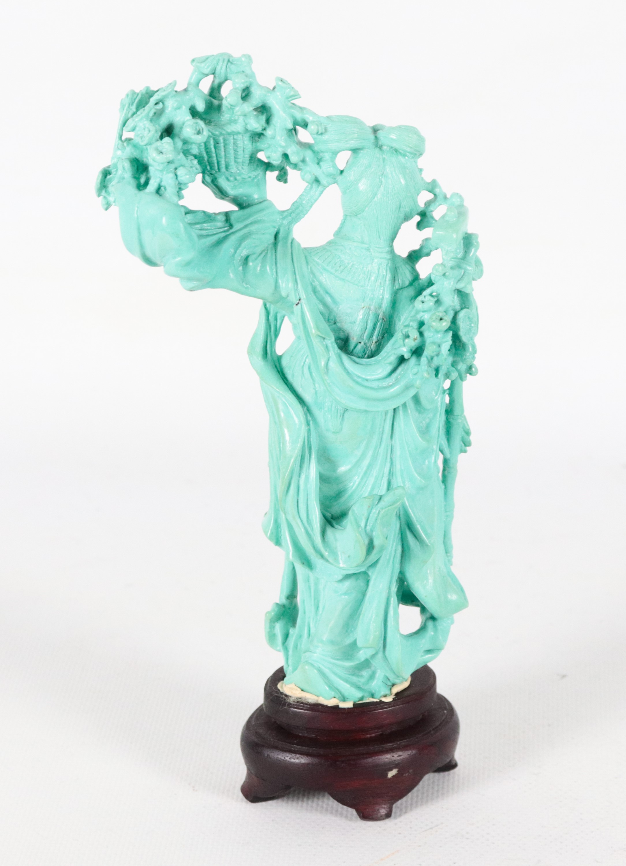 "Guanyin con fiori", statuina cinese in turchese con basetta in teak