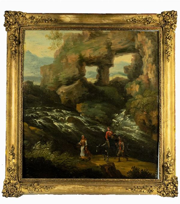 Pittore Italiano Inizio XVIII Secolo - &quot;Landscape with waterfalls and wayfaring farmers&quot;