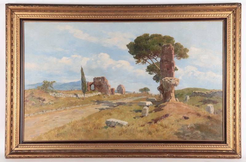 Firmato. "Veduta dell'Appia Antica con ruderi"