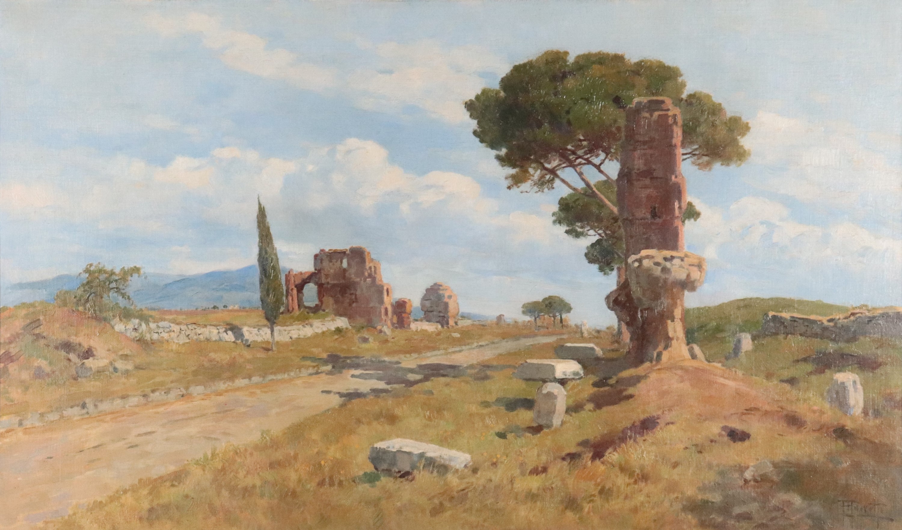 Firmato. "Veduta dell'Appia Antica con ruderi"