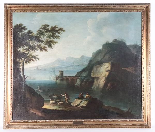 Francesco Fidanza - Bottega di. "Marina con veduta costiera, ruderi, pescatori e pastore con armenti"