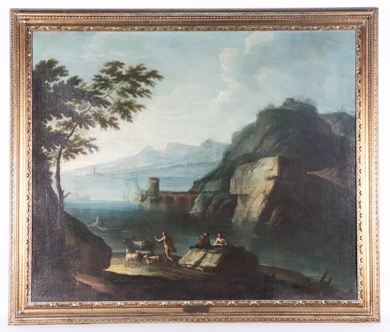 Bottega di. "Marina con veduta costiera, ruderi, pescatori e pastore con armenti"