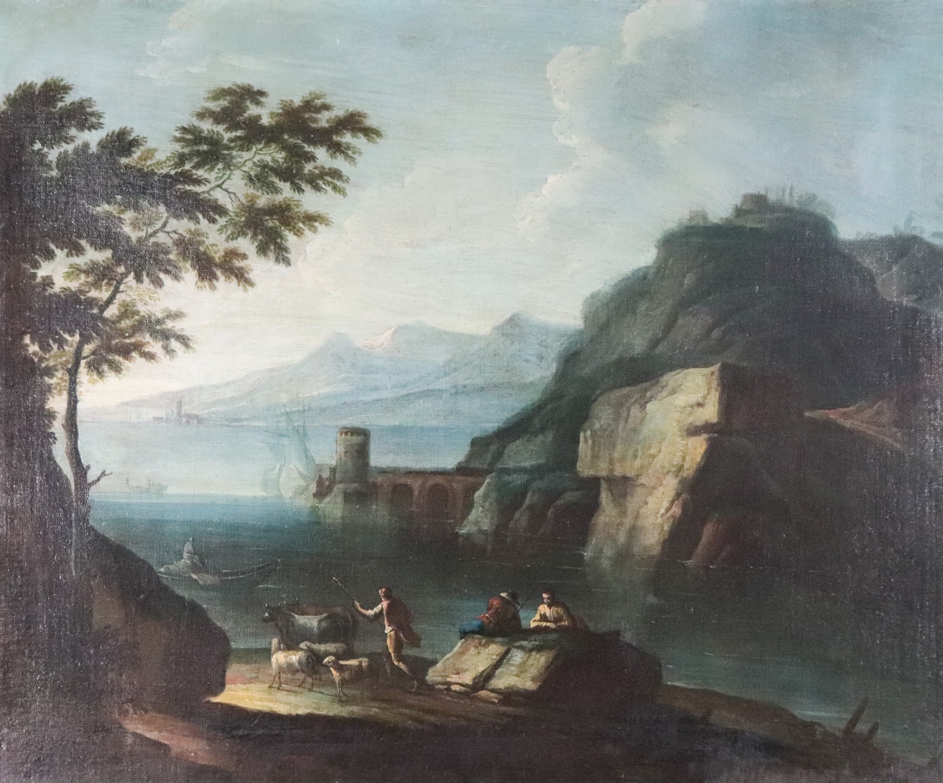 Bottega di. "Marina con veduta costiera, ruderi, pescatori e pastore con armenti"