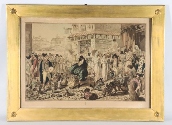 "Piazzetta parigina con saltimbanchi, ambulanti e personaggi"