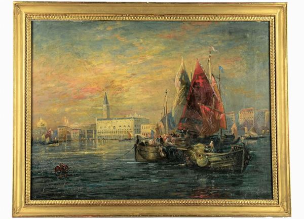 Pittore Italiano XIX Secolo - &quot;Veduta di Venezia con barche di pescatori&quot;