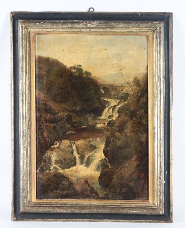 Pittore Italiano Inizio XIX Secolo - Firmato. "Paesaggio con ponte e cascatelle"