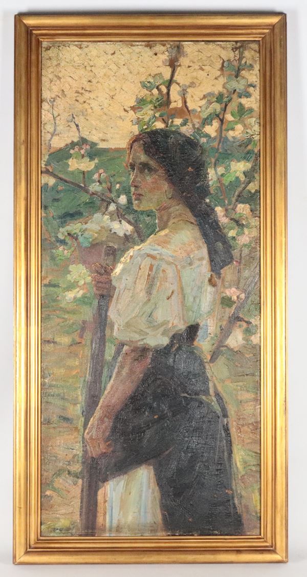 Pittore Impressionista Fine XIX Secolo - "Contadina con alberi fioriti"