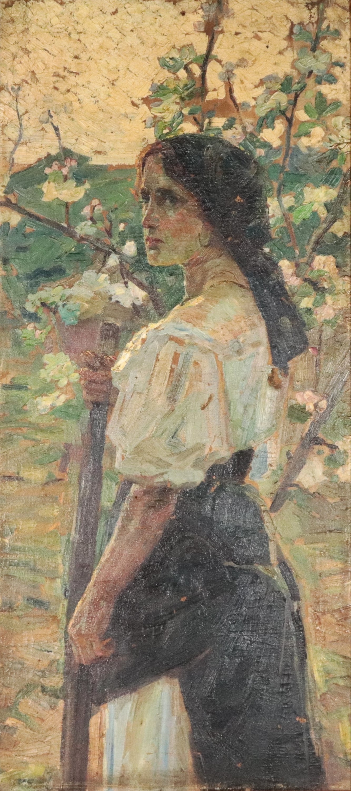 "Contadina con alberi fioriti"