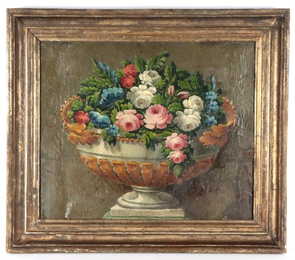 Scuola Italiana Metà XIX Secolo. - "Natura morta con vaso e mazzo di fiori"
