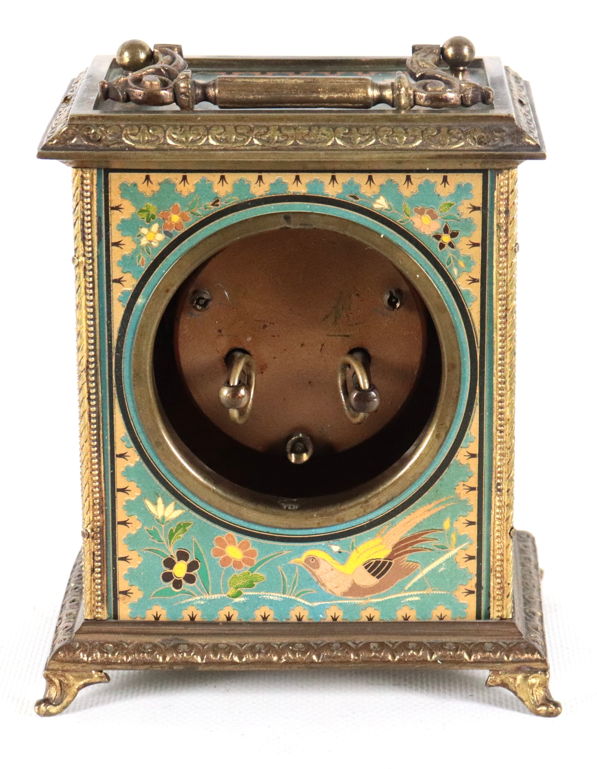 Cappuccina da viaggio in bronzo dorato e placchette in smalti policromi raff.ti uccellini e fiori...