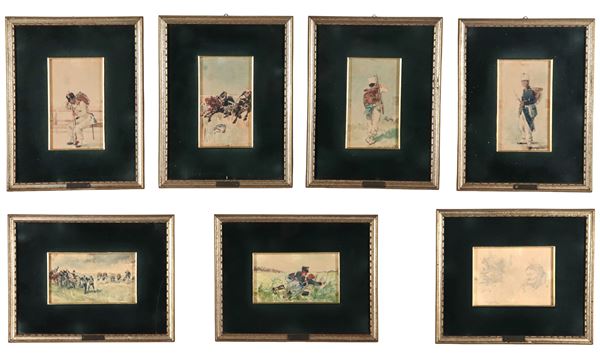 Paride Pascucci - Lotto di sei piccoli acquarelli raff.ti "Soldati" e un piccolo disegno a matita raff.te "Vecchietti"