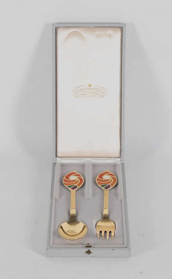 Coppia di posate collezione Natale 1971, in argento vermeil Sterling 925 e smalti, gr. 90