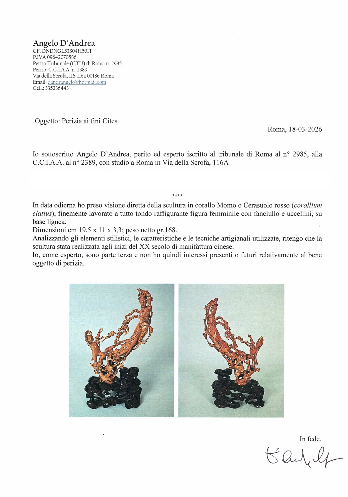 Scultura in corallo Momo o Cerasuolo rosso 'Figura femminile con fanciullo e uccellini' su base i...