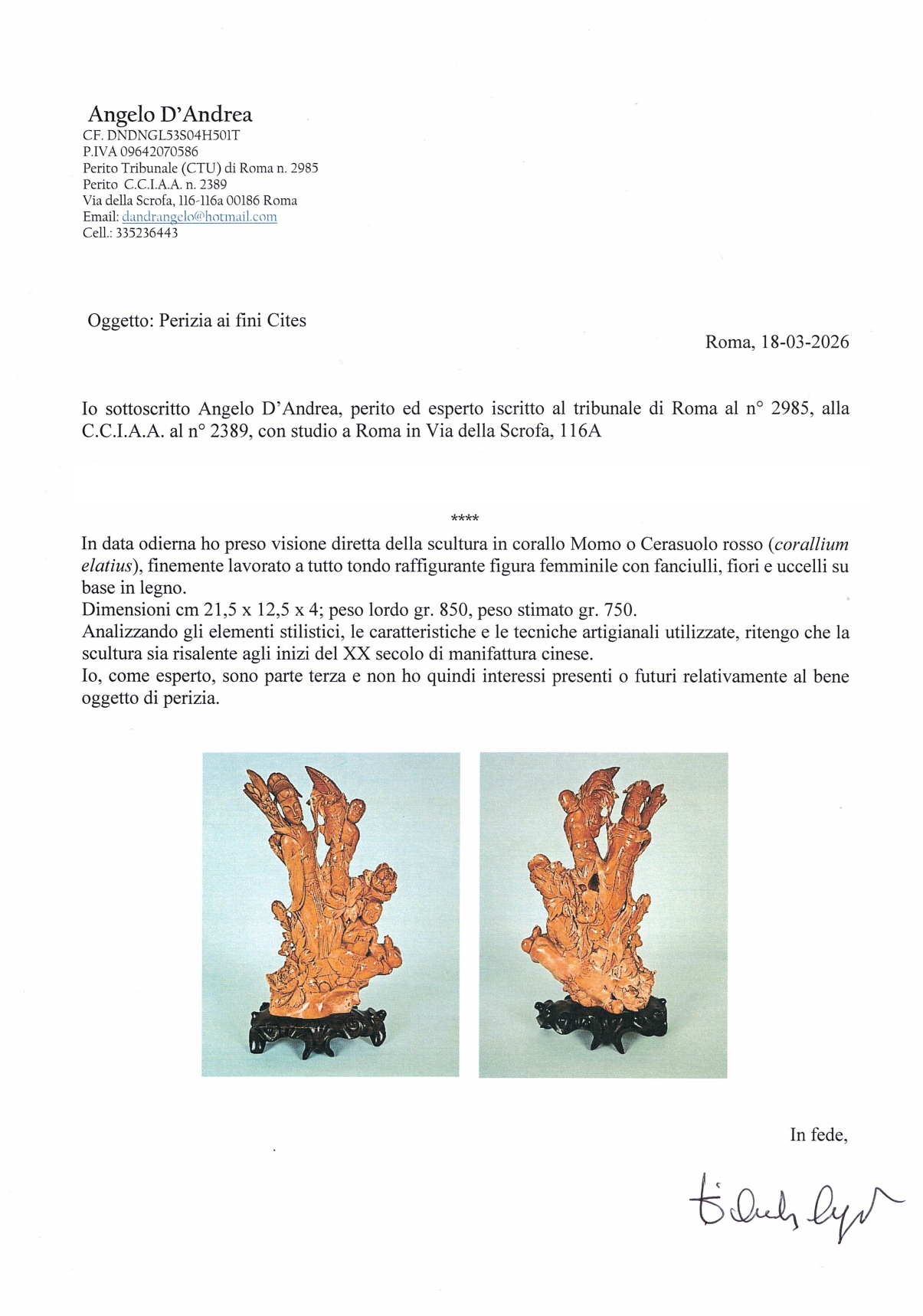 Scultura in corallo Momo o Cerasuolo rosso 'Figura femminile con fanciulli, fiori e uccelli' su b...