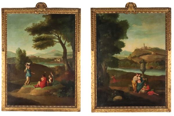 Jan Frans Van Bloemen detto L'Orizzonte - Seguace di. "Paesaggi con pastori, viandanti e borghi sullo sfondo"