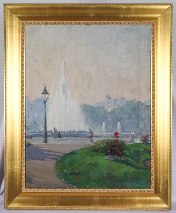 Giuseppe Pennasilico - Firmato. "Veduta di giardini parigini con personaggi"