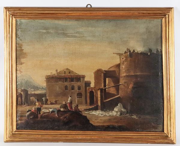 Scuola Italiana Fine XVII Secolo - "Il riposo dei contadini nella piazza del paese"