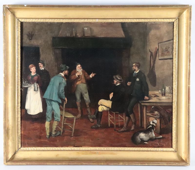 Firmato. "Il riposo dei cacciatori nella locanda"