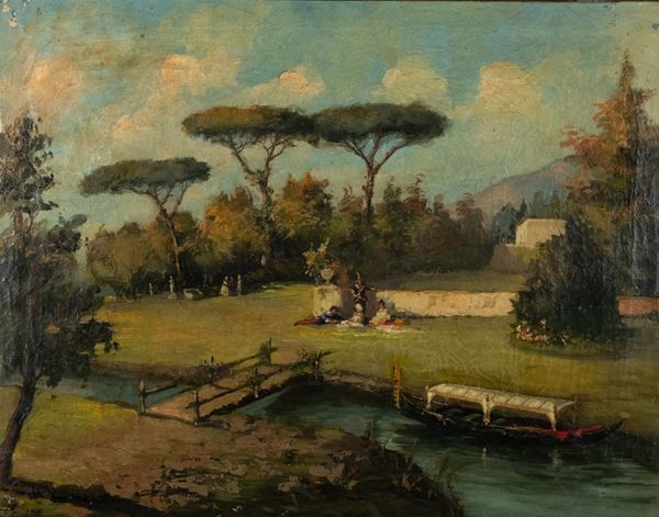 Pittore Veneto Inizio XIX Secolo - &quot;Lunch on the grass in the park of the villa with stream and gondola&quot;
