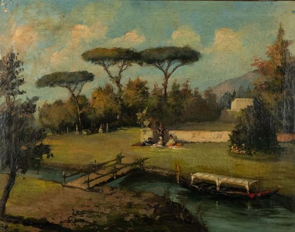 Pittore Veneto Inizio XIX Secolo - &quot;Pranzo sull&#39;erba nel parco della villa con ruscello e gondola&quot;
