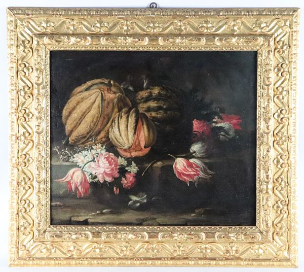 Scuola Italiana Fine XVIII Secolo - "Natura morta di fiori, frutta e ortaggi" 