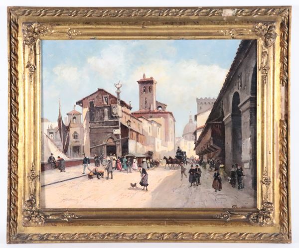 Vincenzo Canino - Firmato. "Veduta di Ponte Vecchio a Firenze con personaggi"