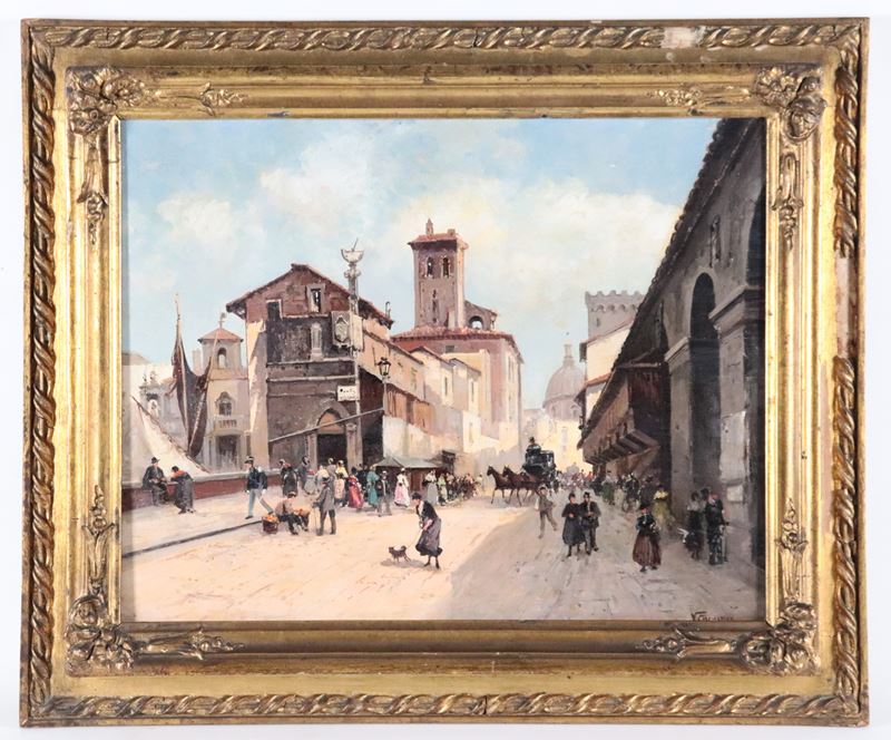 Firmato. "Veduta di Ponte Vecchio a Firenze con personaggi"