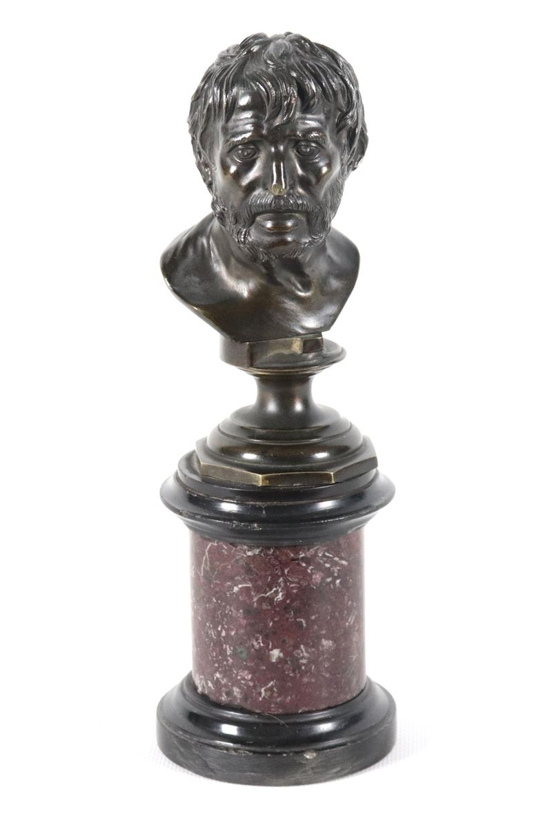 "Seneca", piccolo busto in bronzo sorretto da base a colonna in marmo