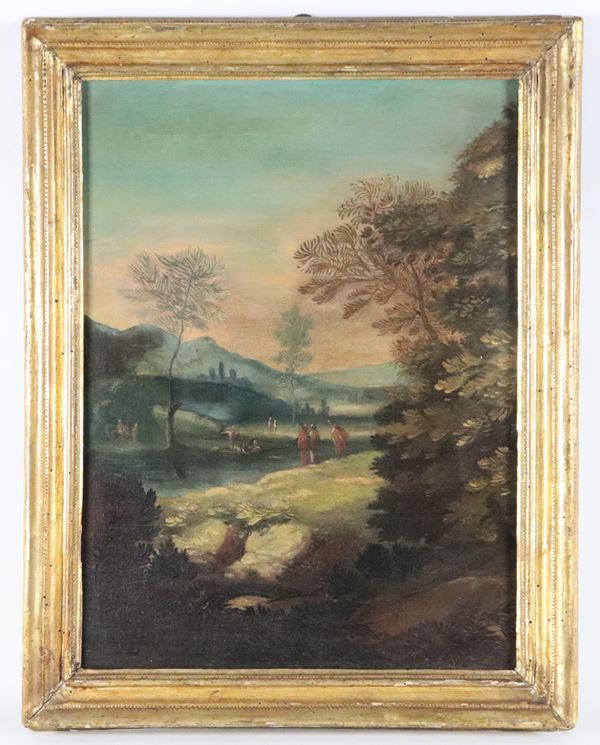 Scuola Italiana Fine XVIII - Inizio XIX Secolo - "Paesaggio con viandanti, pescatori e corso d'acqua" 