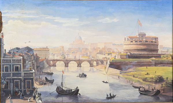 Pittore Romano XIX Secolo - &quot;Veduta di Castel Sant&#39;Angelo con il Tevere&quot;