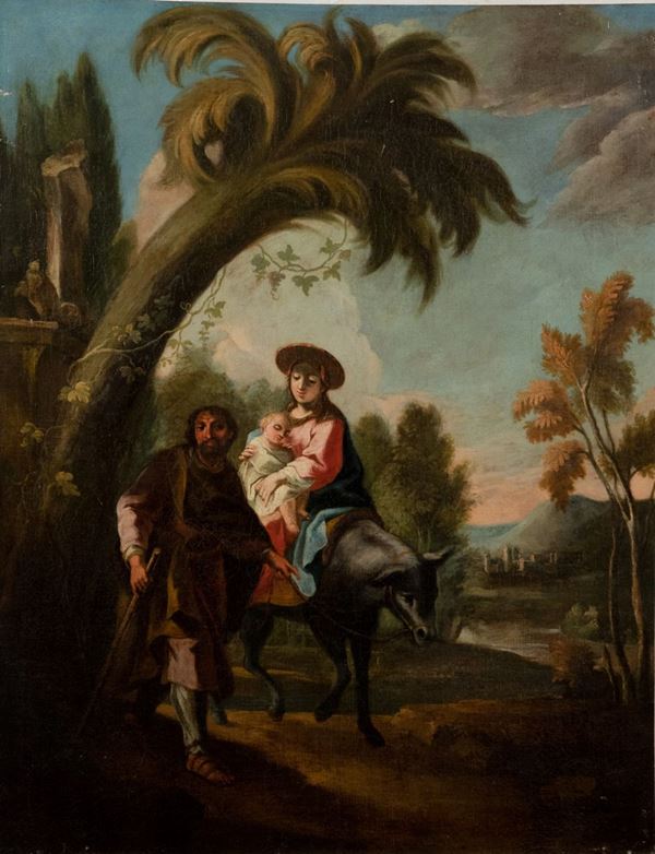 Pittore Veneto Inizio XVIII Secolo - &quot;La sosta durante la fuga in Egitto&quot;