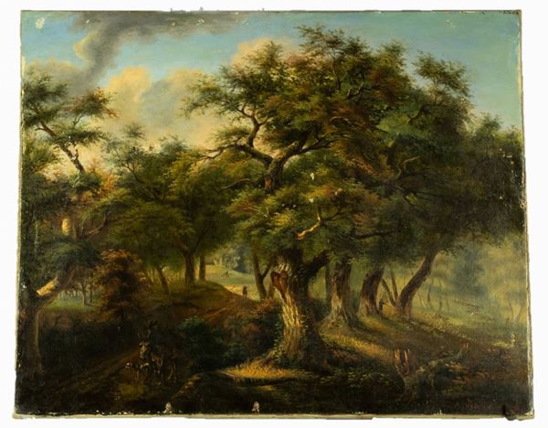 Pittore Fiammingo XIX Secolo - &quot;Woodland landscape with farmer, donkey and dog&quot;. Signed and dated