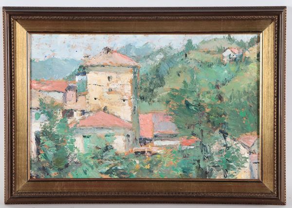 Pittore Post-Impressionista - "Paesaggio montano con scorcio di paese"