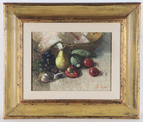 Pittore Italiano Fine XIX - Inizio XX Secolo - Firmato. "Natura morta di frutta e ortaggi con cesto"