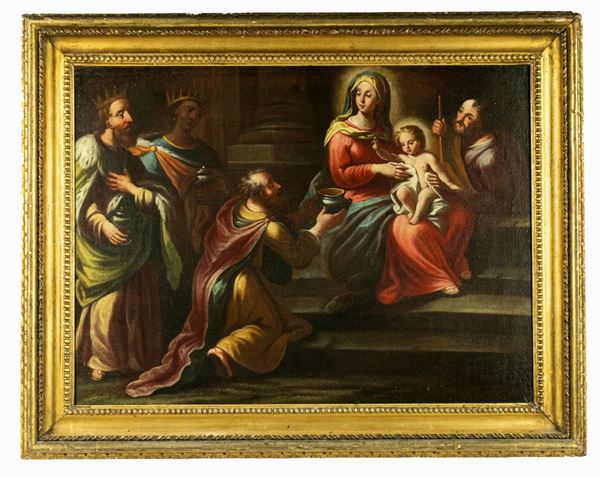 Pittore Bolognese Fine XVII Secolo - &quot;Holy Family with the Adoration of the Magi&quot;