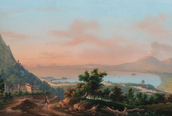 Scuola di Posillipo XIX Secolo - &quot;Veduta di Castellammare con il Vesuvio sullo sfondo&quot;