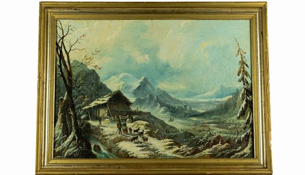 Pittore Austriaco XIX Secolo - &quot;Paesaggio innevato con contadini, pastore e caprette&quot;