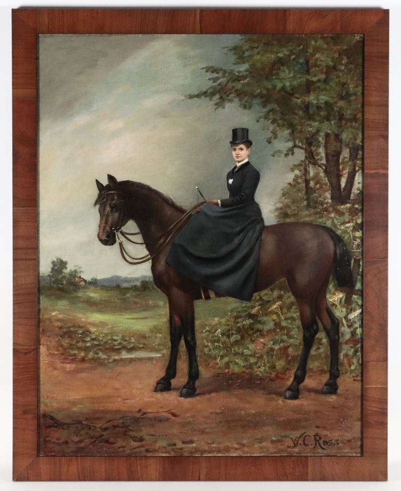 Firmato. "Ritratto di giovane nobildonna a cavallo"