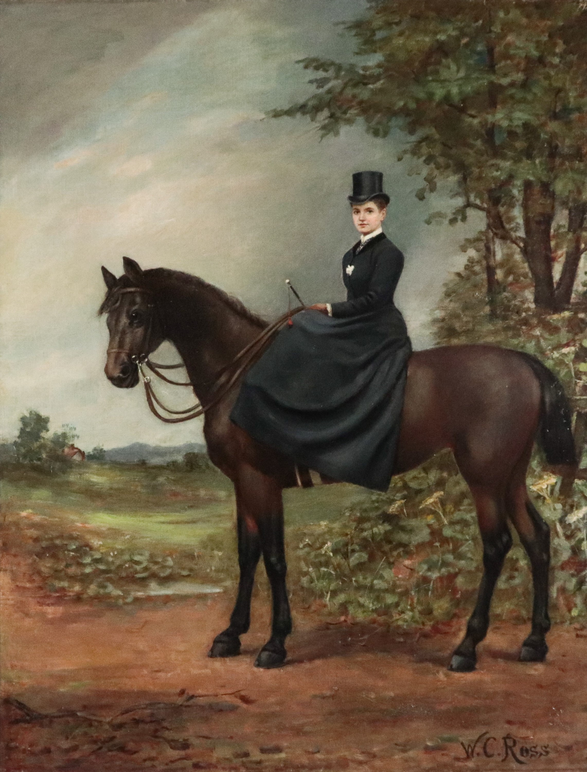 Firmato. "Ritratto di giovane nobildonna a cavallo"